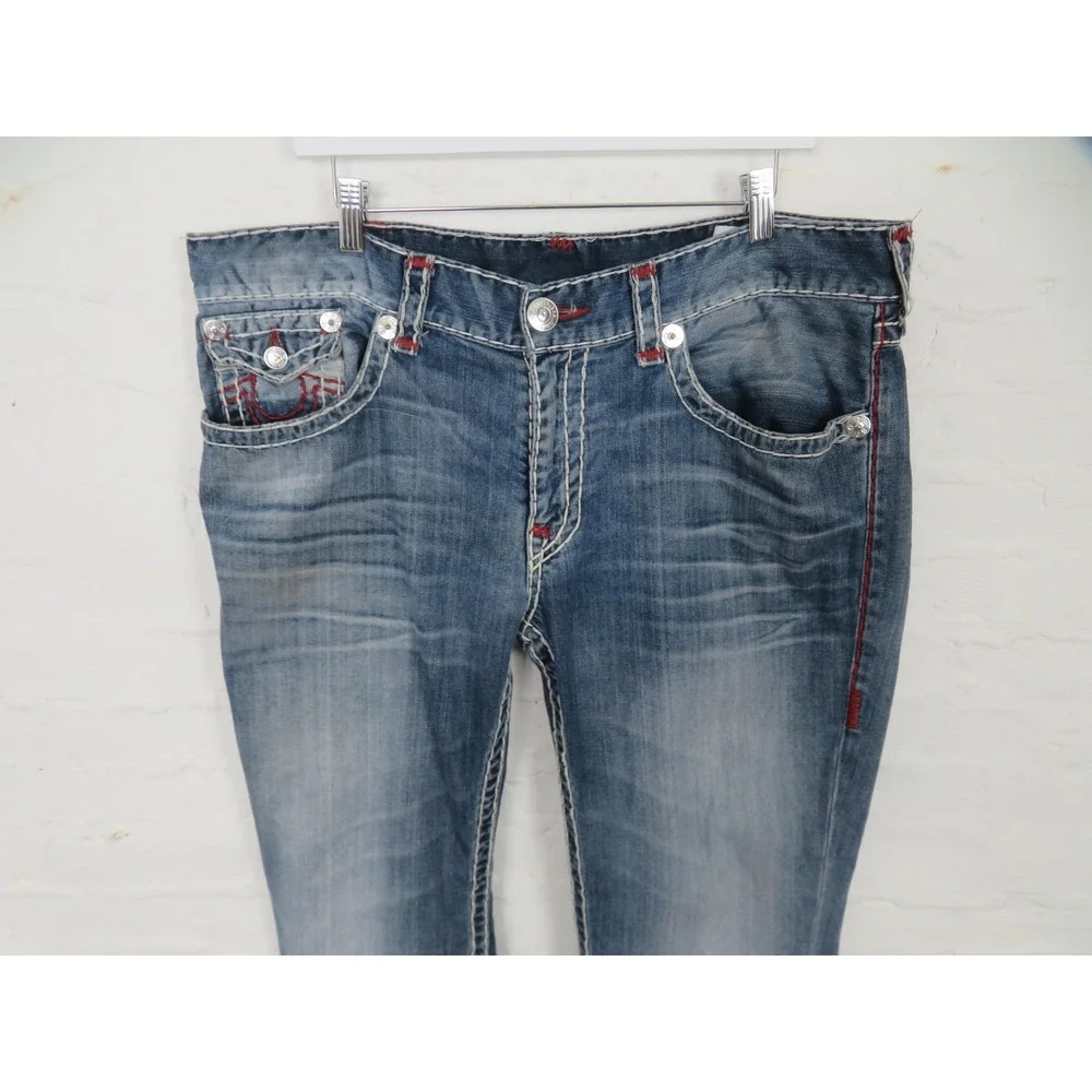 Vtg True Religion Red Super T Jeans Mens 38x34 Thick Stitch Flap Pockets Blue